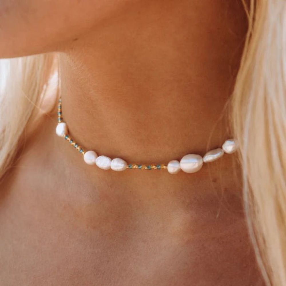🌊 Atolea Mahini Pearl Choker Necklace blue gold beading gold chain water heat